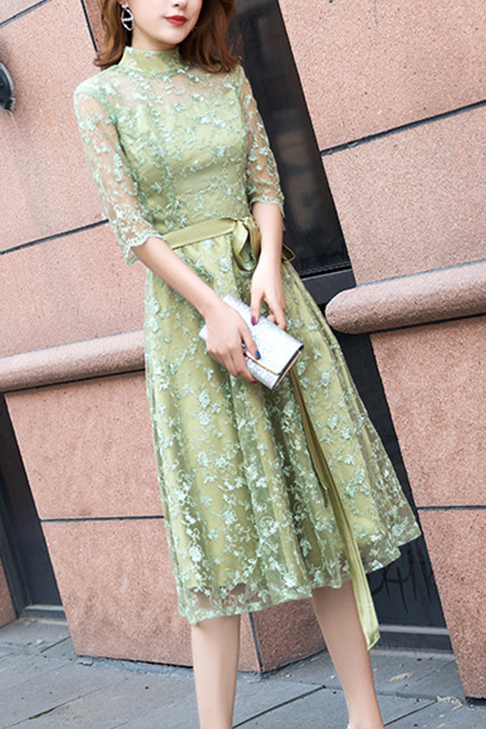 Women Stand Collar Neck Solid Colored Elegant Breathable Evening Party Dress