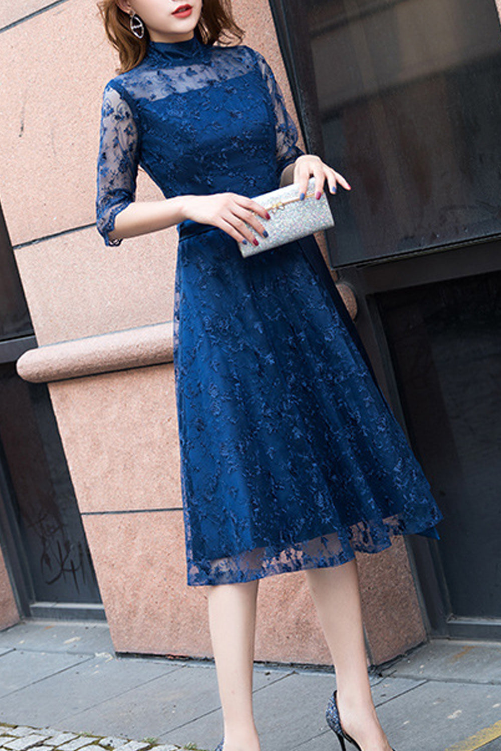 Women Stand Collar Neck Solid Colored Elegant Breathable Evening Party Dress