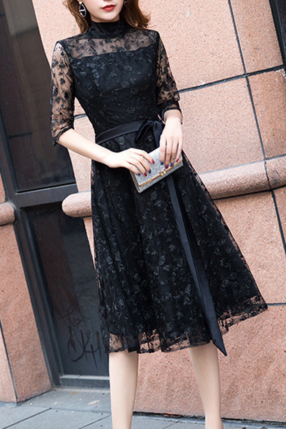 Women Stand Collar Neck Solid Colored Elegant Breathable Evening Party Dress