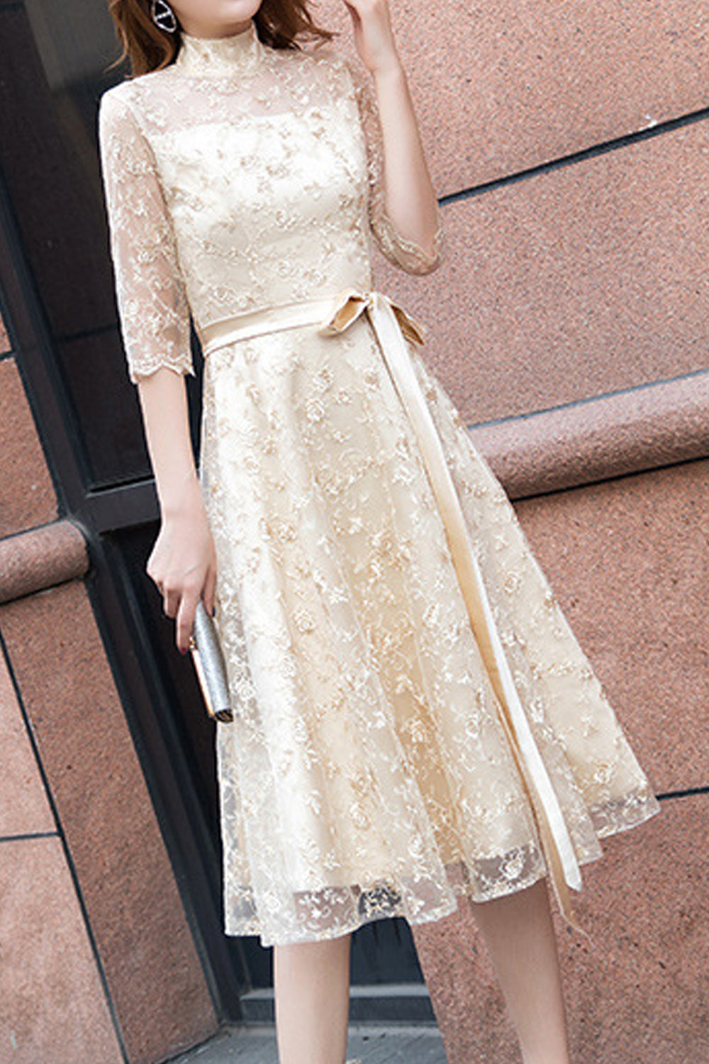 Women Stand Collar Neck Solid Colored Elegant Breathable Evening Party Dress
