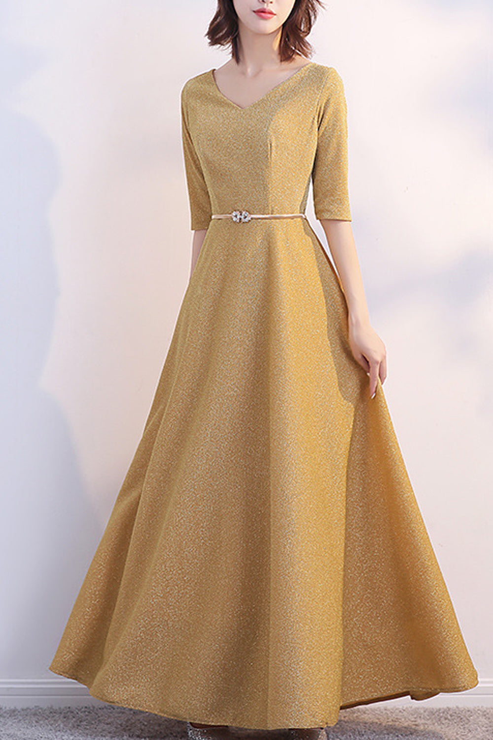 Women Elbow Sleeve Soft Thin Cool Material Stylish Solid Colored Evening Dress