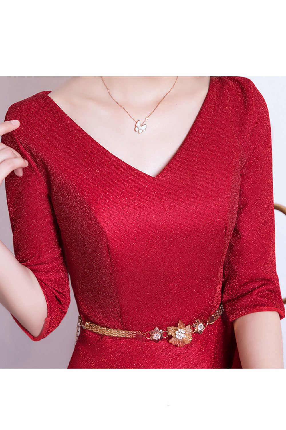 Women Elbow Sleeve Soft Thin Cool Material Stylish Solid Colored Evening Dress