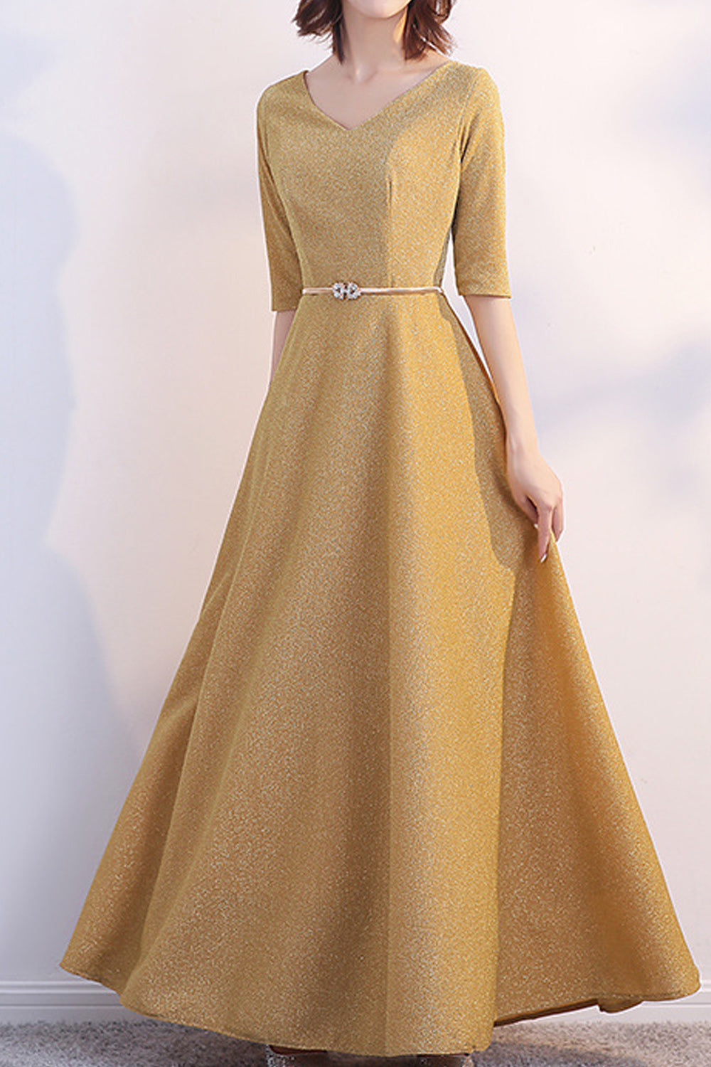 Women Elbow Sleeve Soft Thin Cool Material Stylish Solid Colored Evening Dress