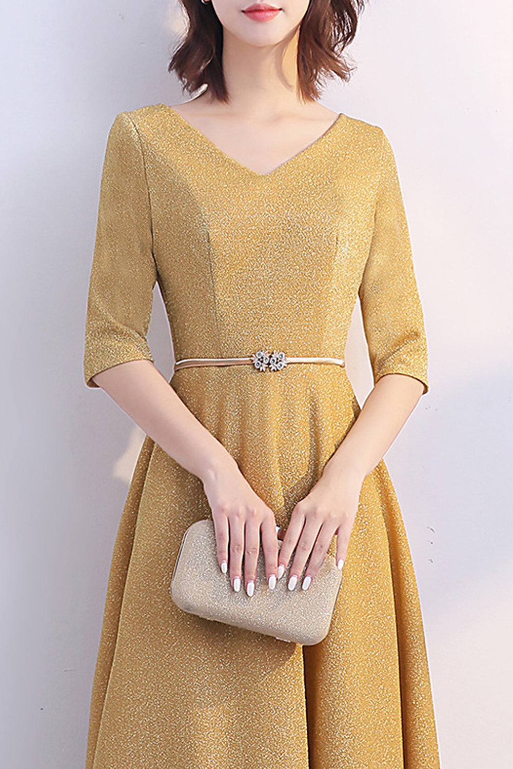 Women Elbow Sleeve Soft Thin Cool Material Stylish Solid Colored Evening Dress