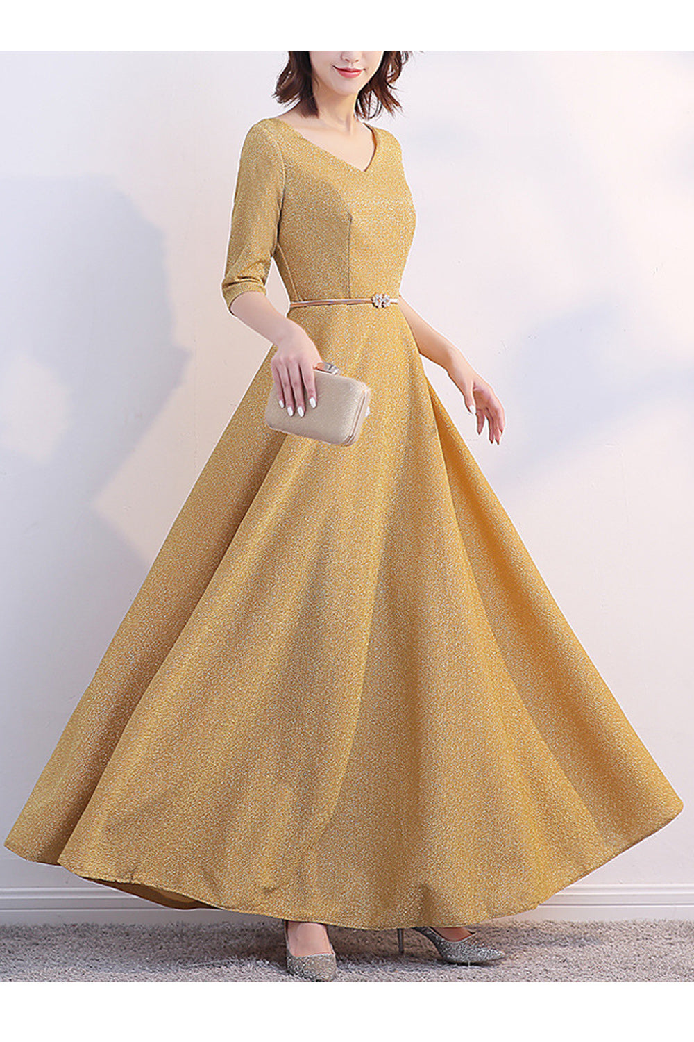 Women Elbow Sleeve Soft Thin Cool Material Stylish Solid Colored Evening Dress