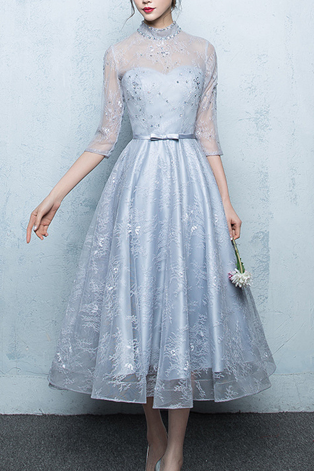 Women Pleated Skirt Shiny Elbow Sleeve Fashionable Evening Party Dress