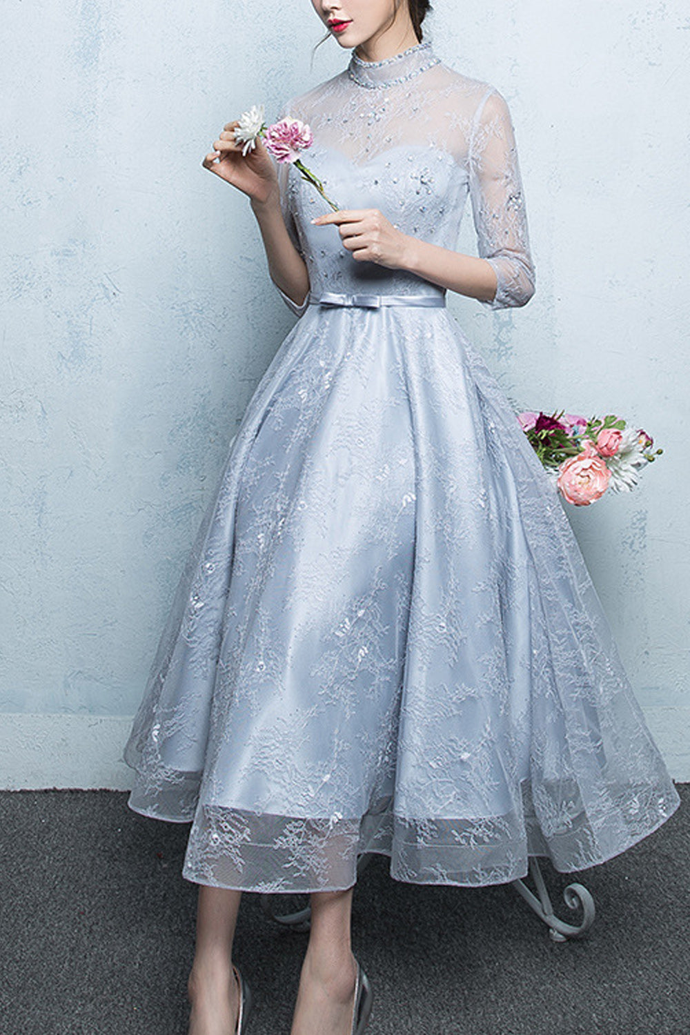 Women Pleated Skirt Shiny Elbow Sleeve Fashionable Evening Party Dress