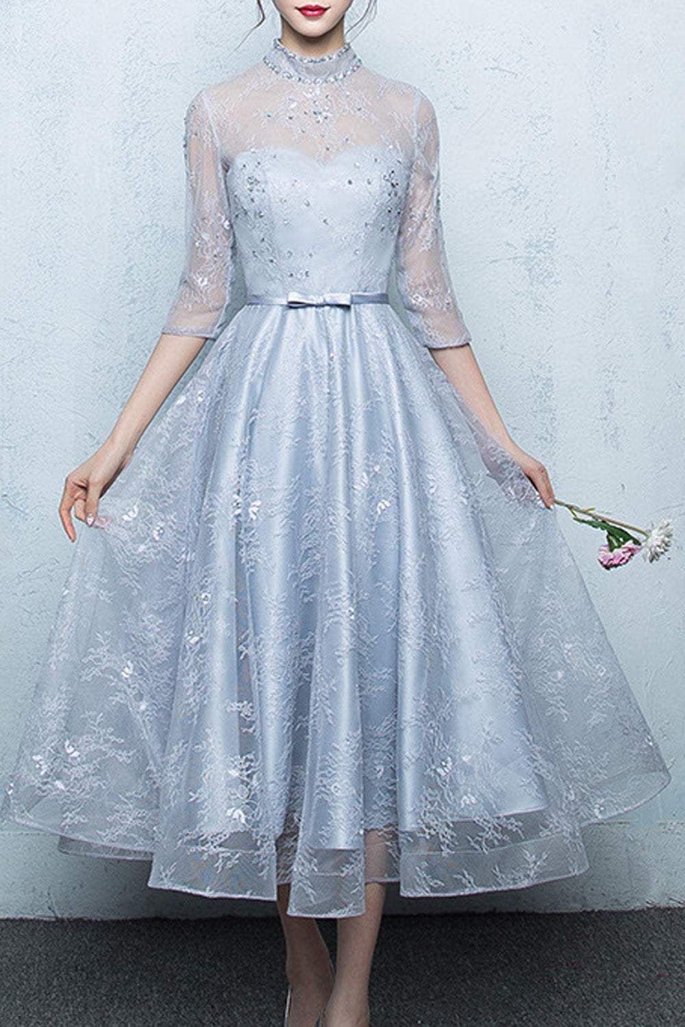 Women Pleated Skirt Shiny Elbow Sleeve Fashionable Evening Party Dress