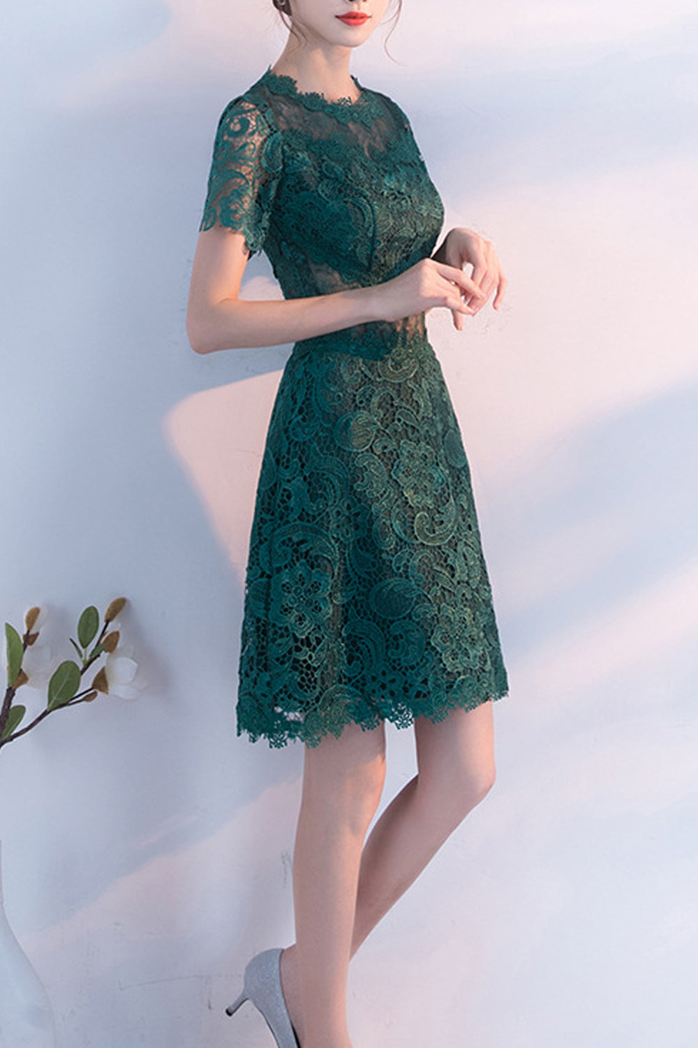 Women Short Sleeve Round Neck Solid Pattern Elegant Evening Party Dress