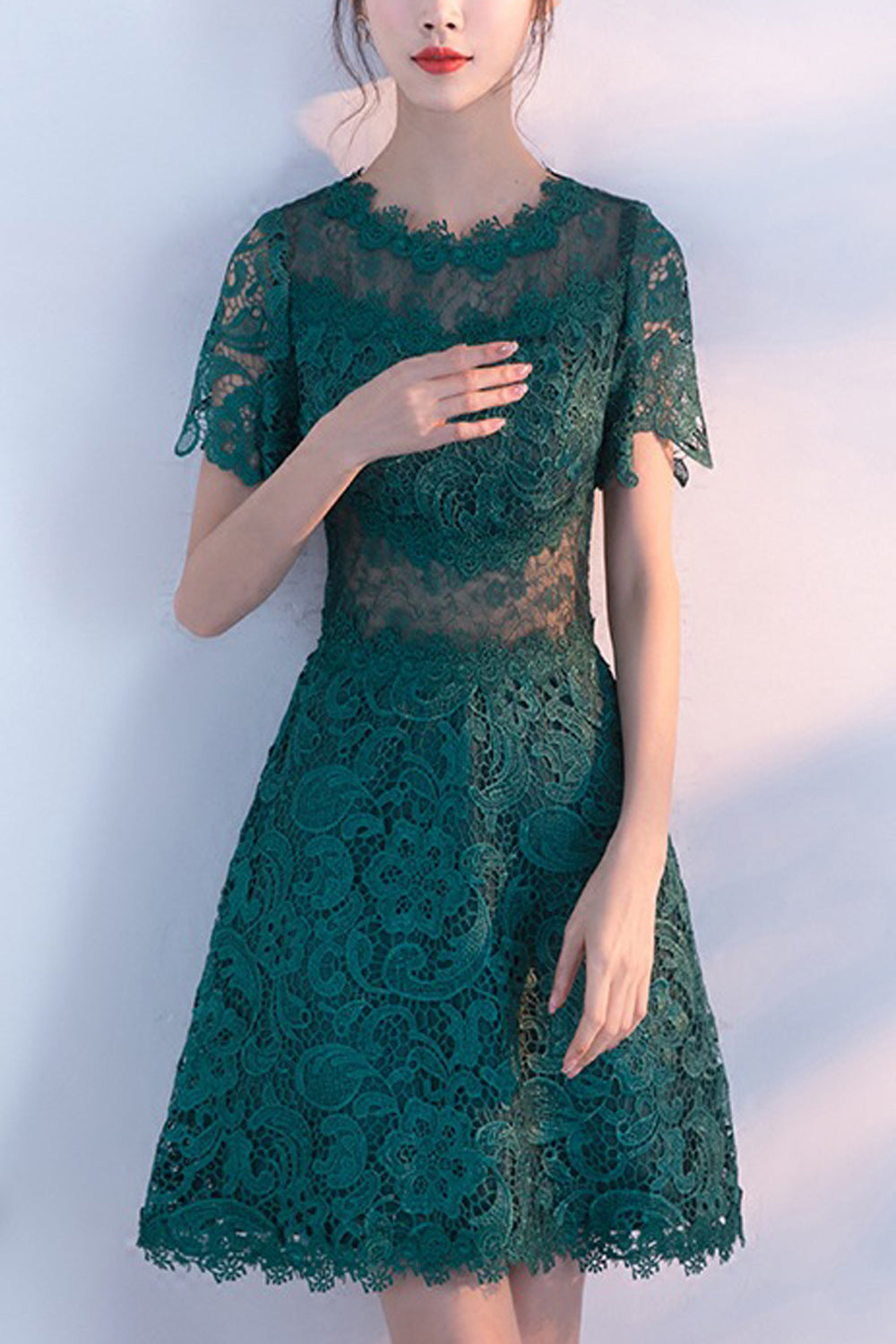 Women Short Sleeve Round Neck Solid Pattern Elegant Evening Party Dress