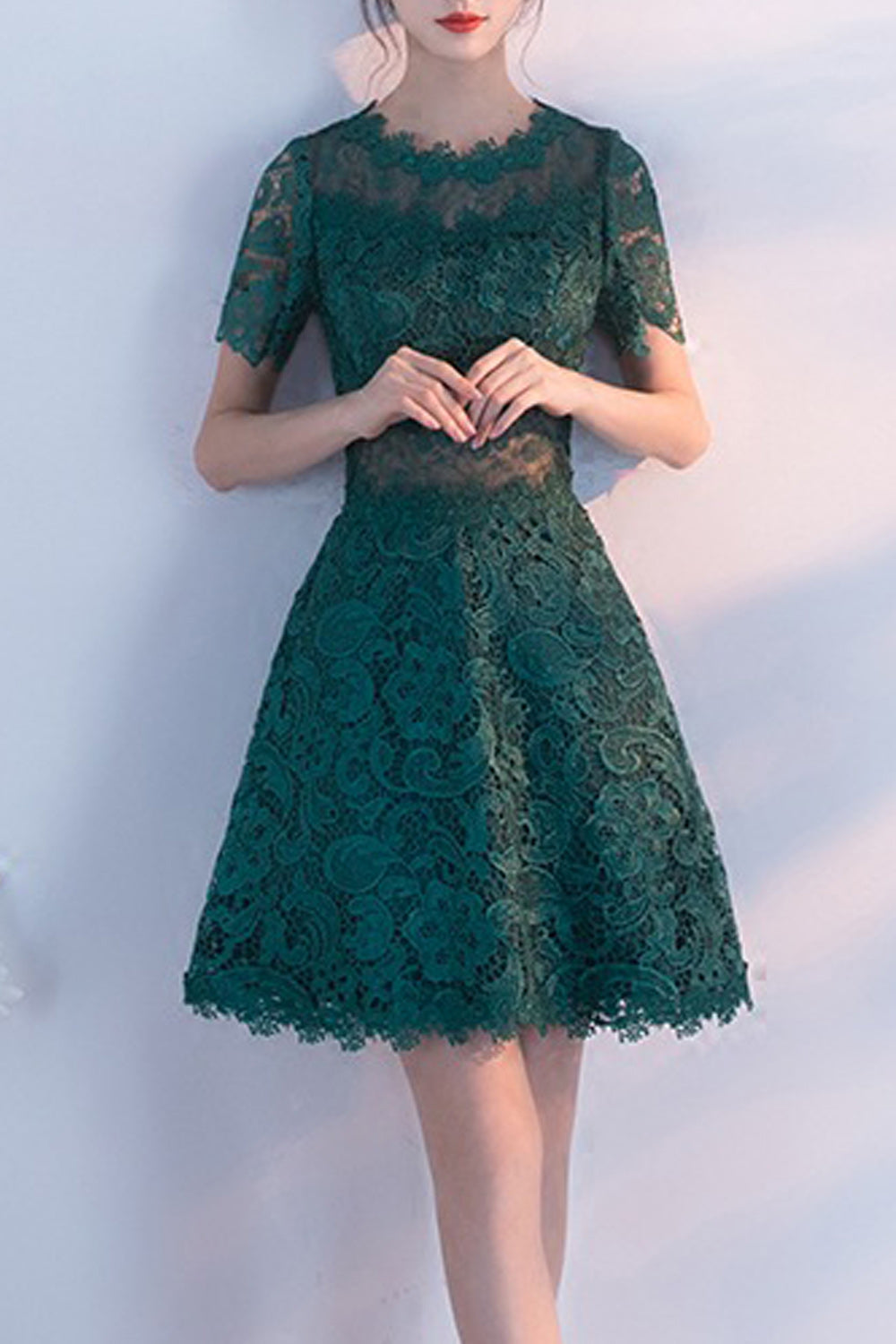Women Short Sleeve Round Neck Solid Pattern Elegant Evening Party Dress
