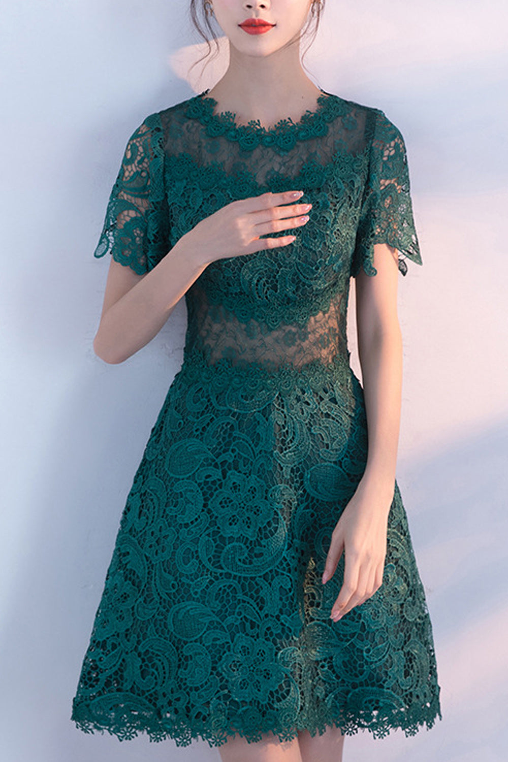 Women Short Sleeve Round Neck Solid Pattern Elegant Evening Party Dress