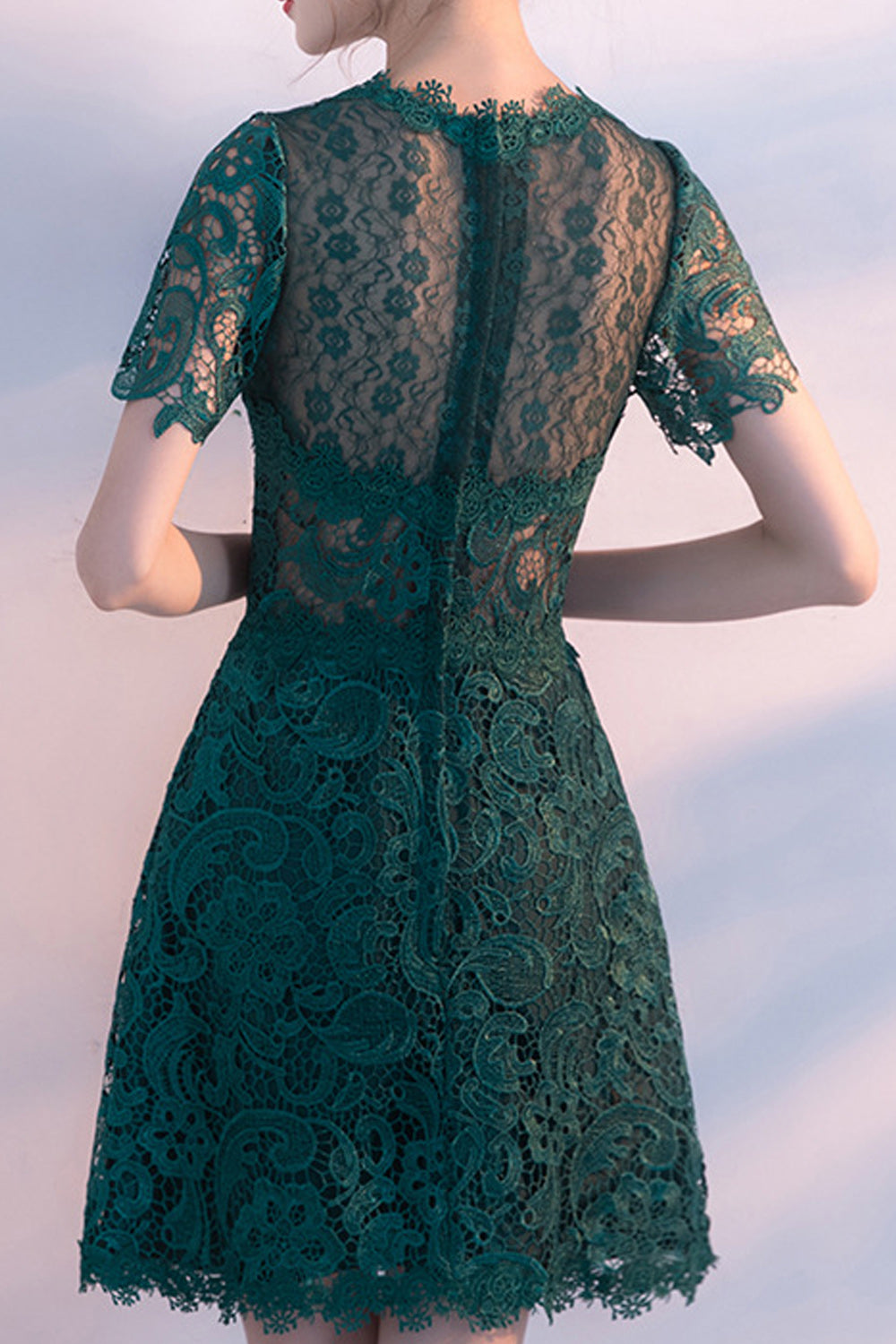 Women Short Sleeve Round Neck Solid Pattern Elegant Evening Party Dress