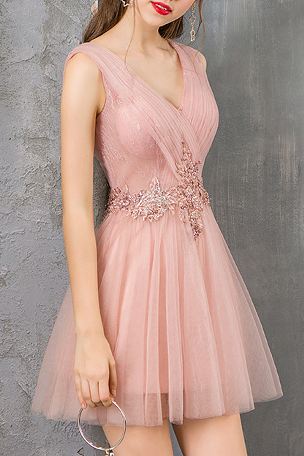 Women V-Neck Style Solid Colored Thin Short Skirt Pretty Evening Party Dress