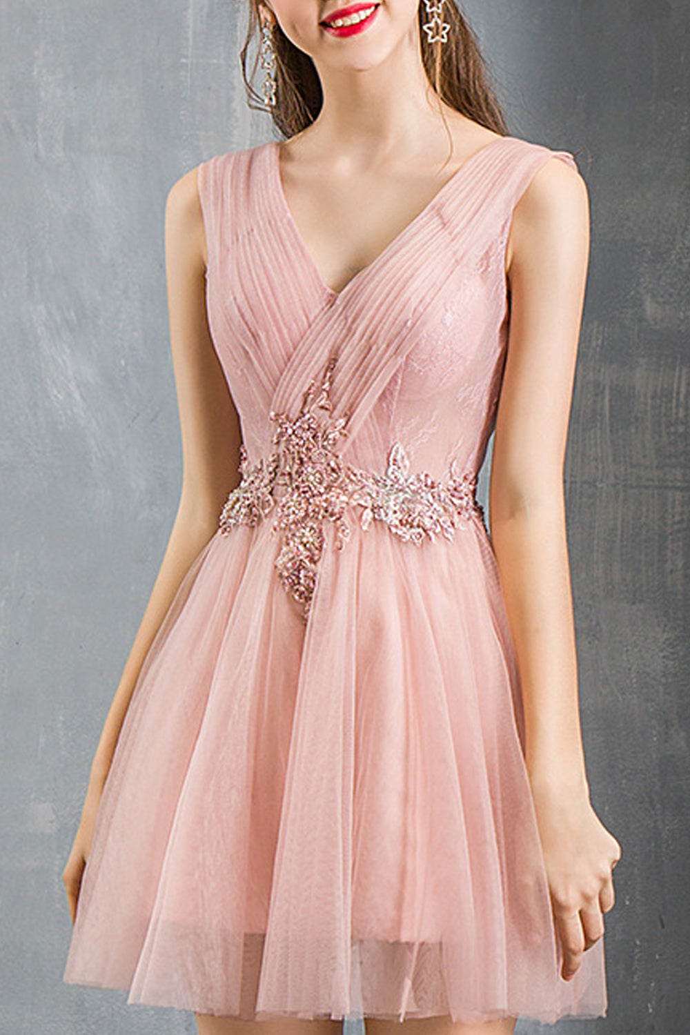 Women V-Neck Style Solid Colored Thin Short Skirt Pretty Evening Party Dress