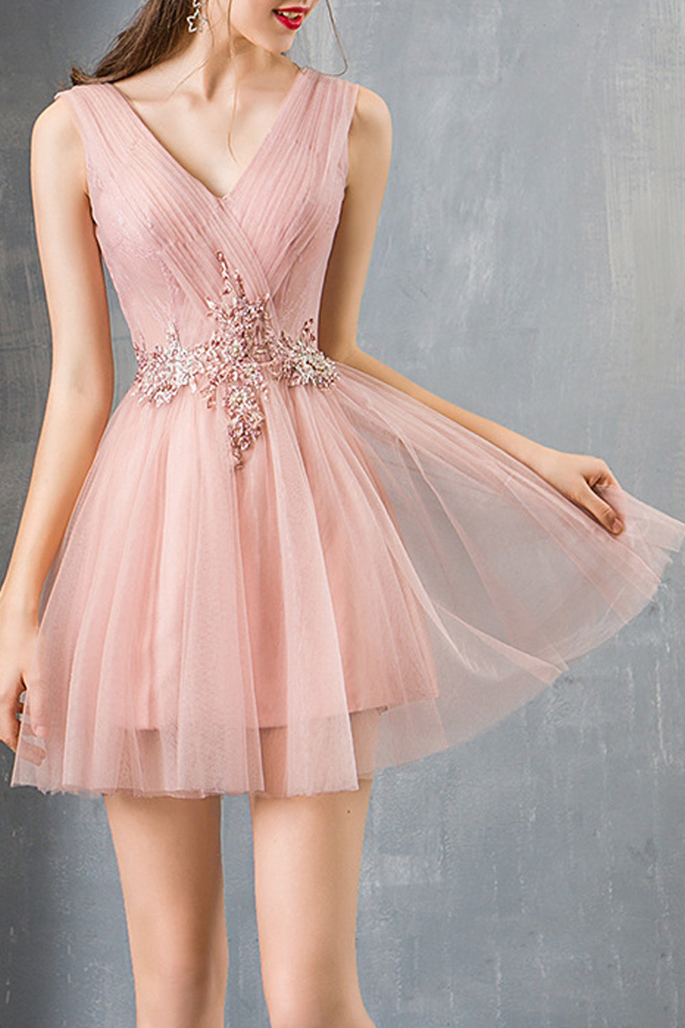 Women V-Neck Style Solid Colored Thin Short Skirt Pretty Evening Party Dress