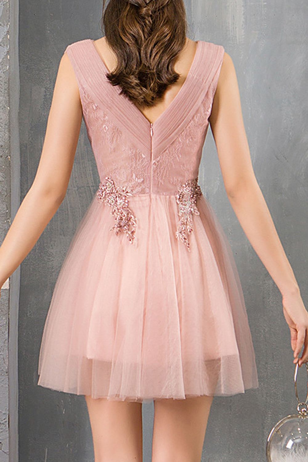 Women V-Neck Style Solid Colored Thin Short Skirt Pretty Evening Party Dress