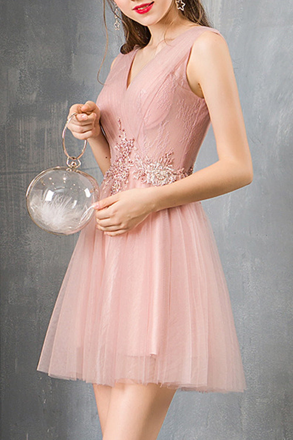 Women V-Neck Style Solid Colored Thin Short Skirt Pretty Evening Party Dress