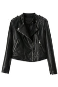 Women Fashion Stand Collar Leather Jacket