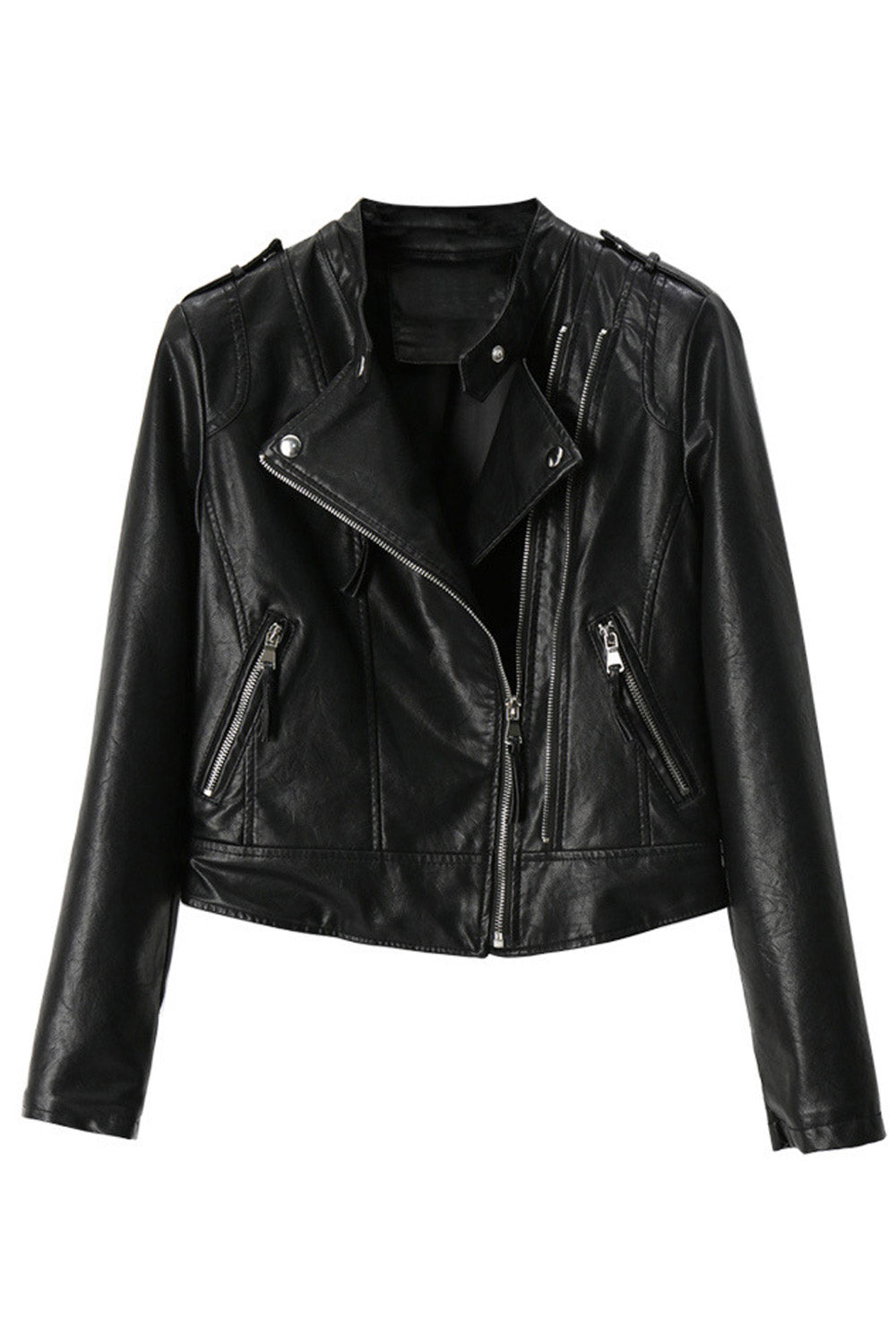 Women Fashion Stand Collar Leather Jacket