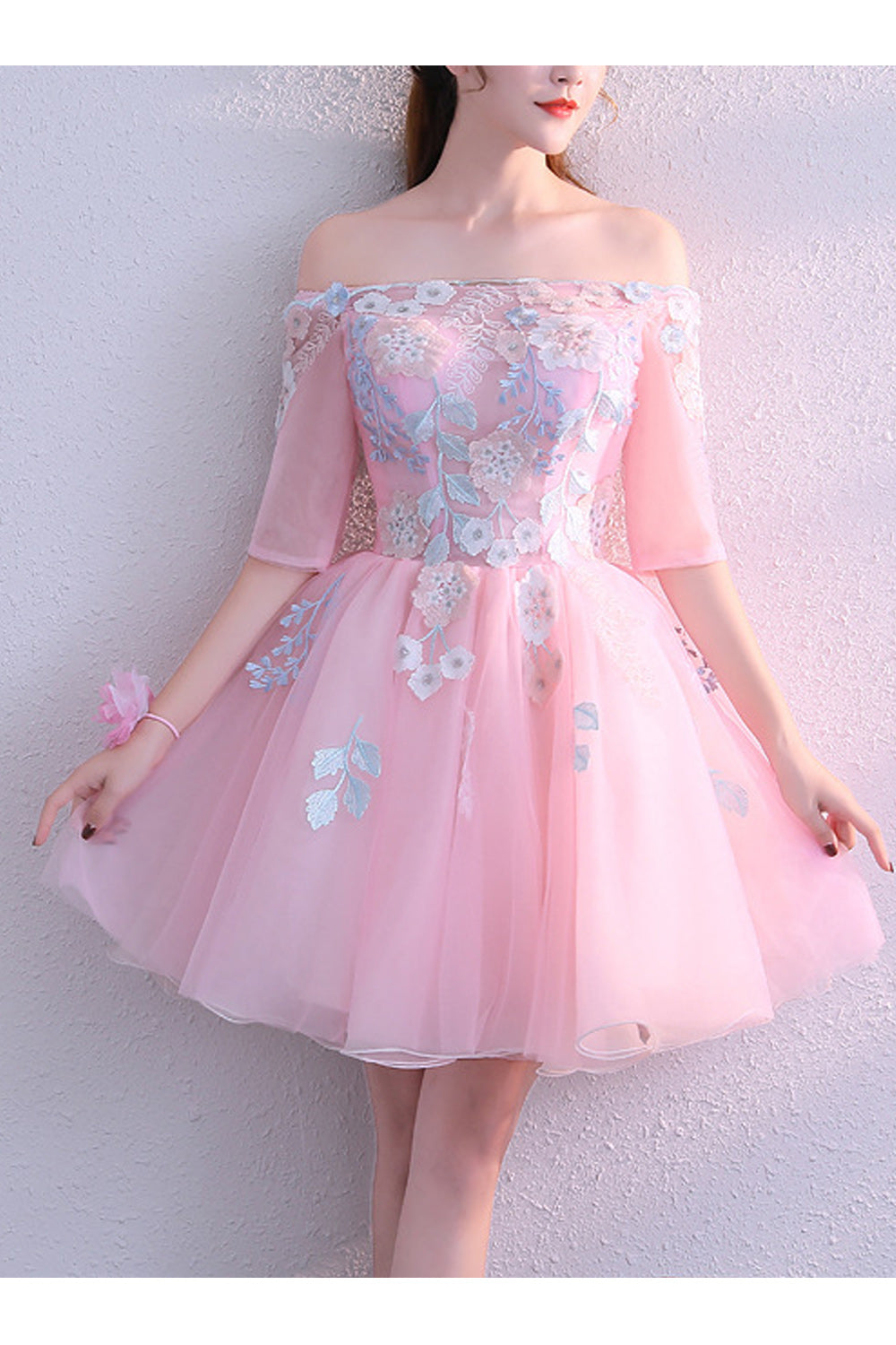 Women Half Sleeve Off-Shoulder Floral Decorated Fashionable Evening Dress