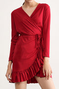 Women Long Sleeve Modernize Irregular Ruffled Hem Solid Colored Soft Dress