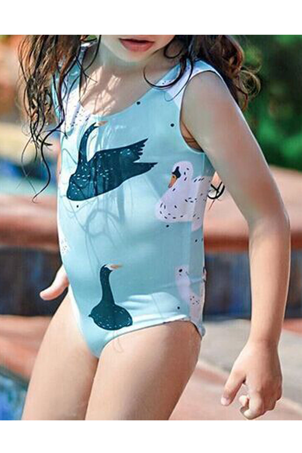 Baby Girls Round Neck Comfortable One Piece Amazing Swan Printed Swimwear