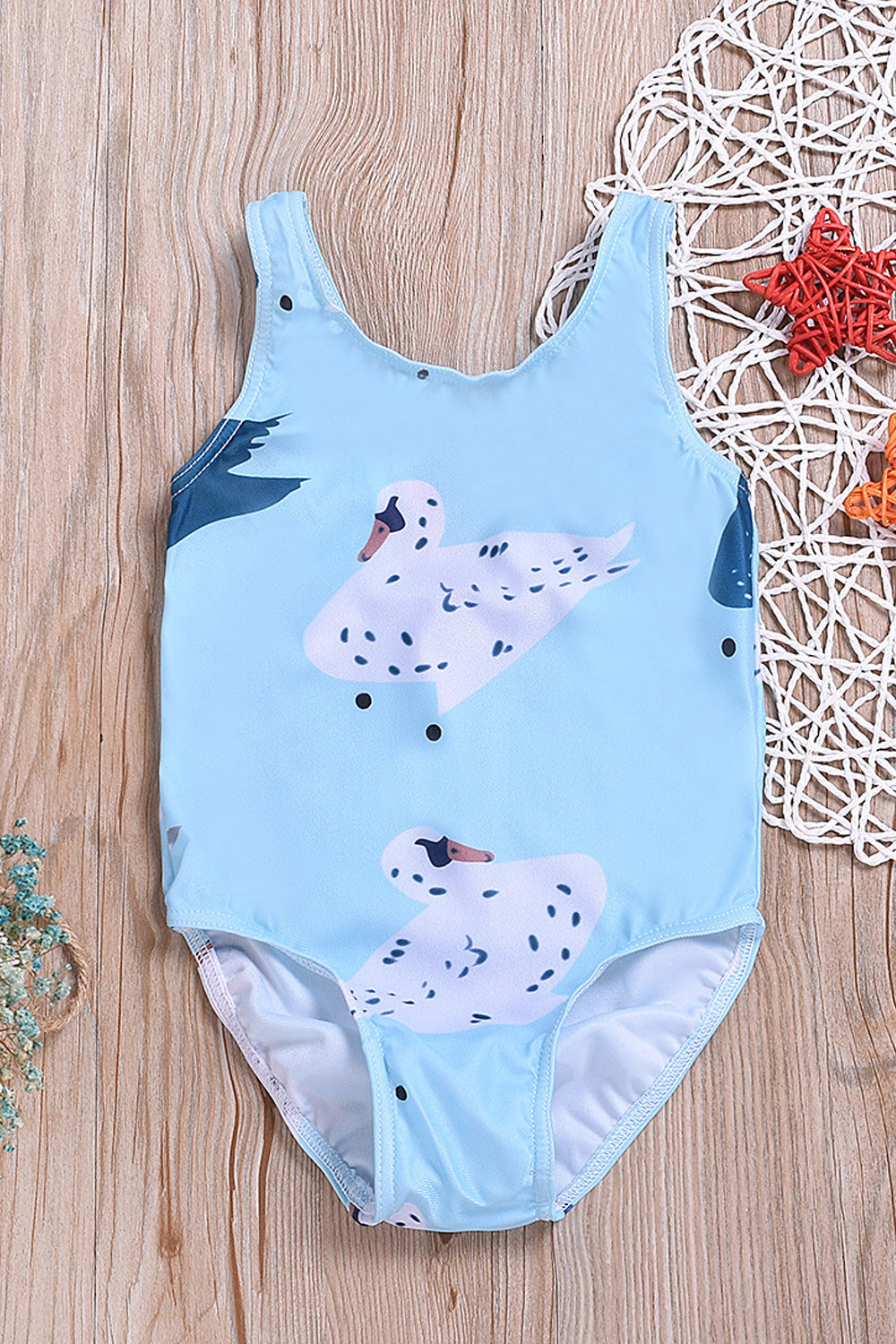 Baby Girls Round Neck Comfortable One Piece Amazing Swan Printed Swimwear