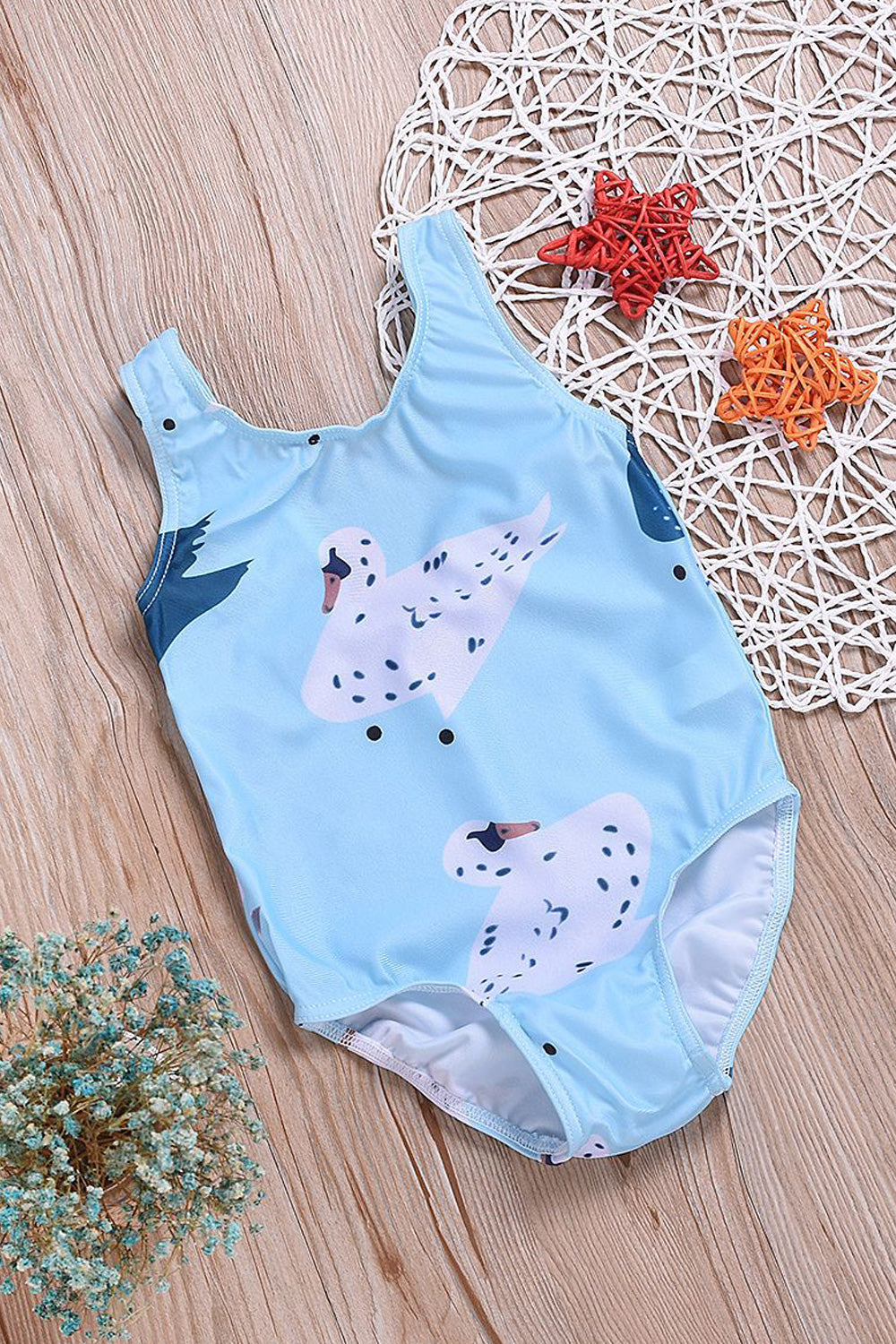 Baby Girls Round Neck Comfortable One Piece Amazing Swan Printed Swimwear