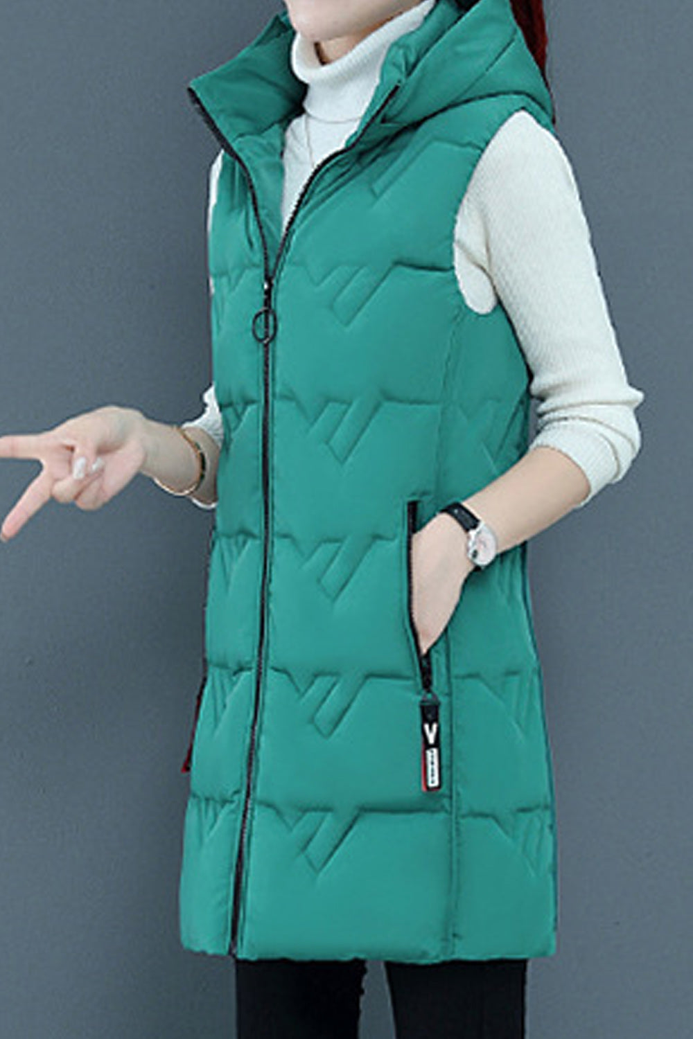 Women Mid Length Modern Style Solid Colored Hood Neck War Padded vest Jacket