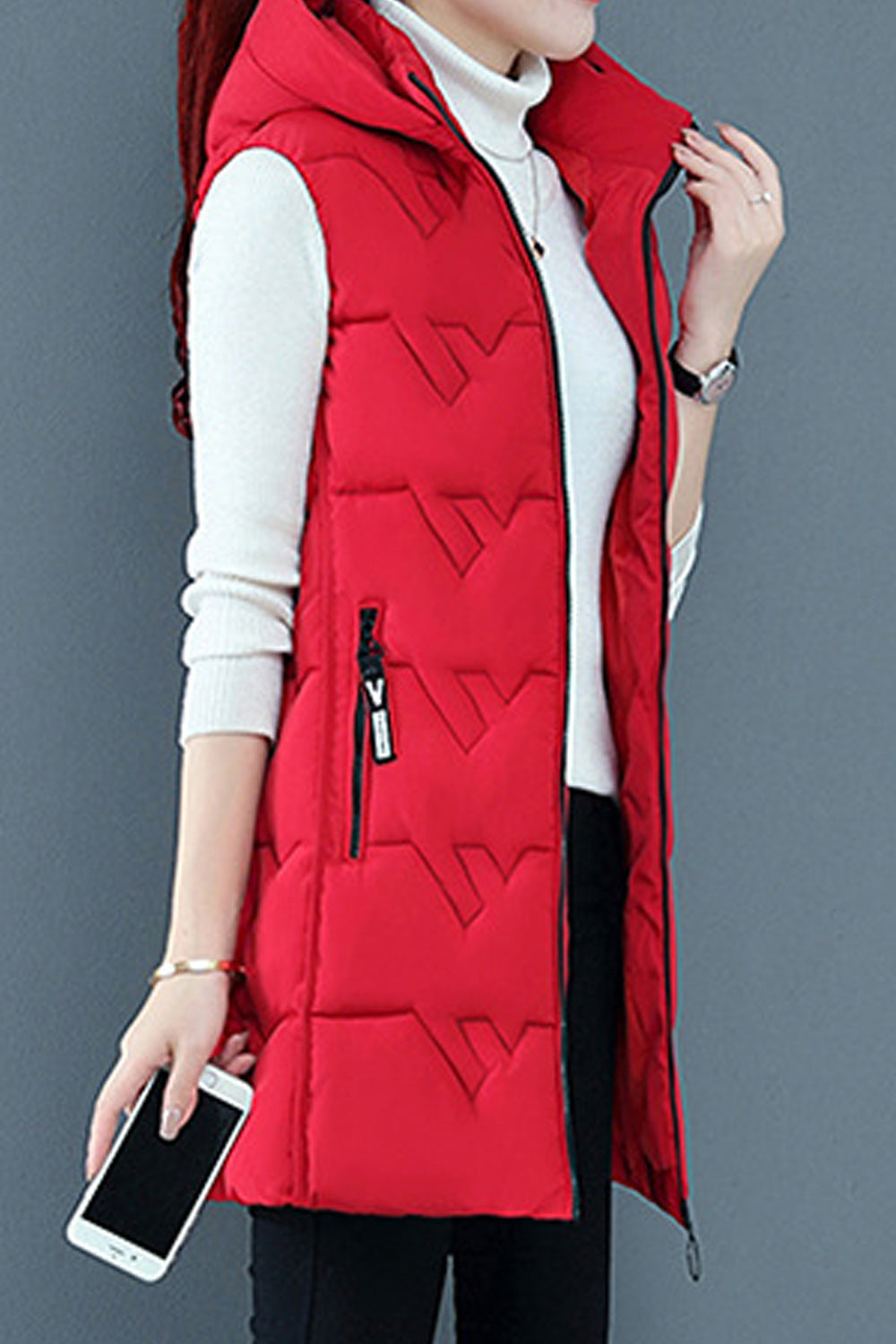 Women Mid Length Modern Style Solid Colored Hood Neck War Padded vest Jacket