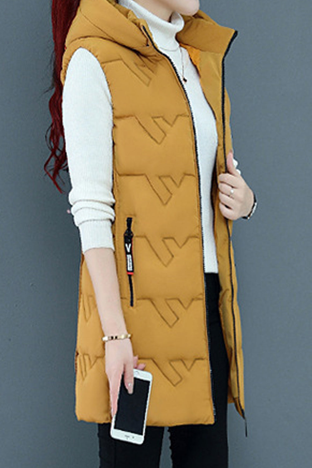 Women Mid Length Modern Style Solid Colored Hood Neck War Padded vest Jacket