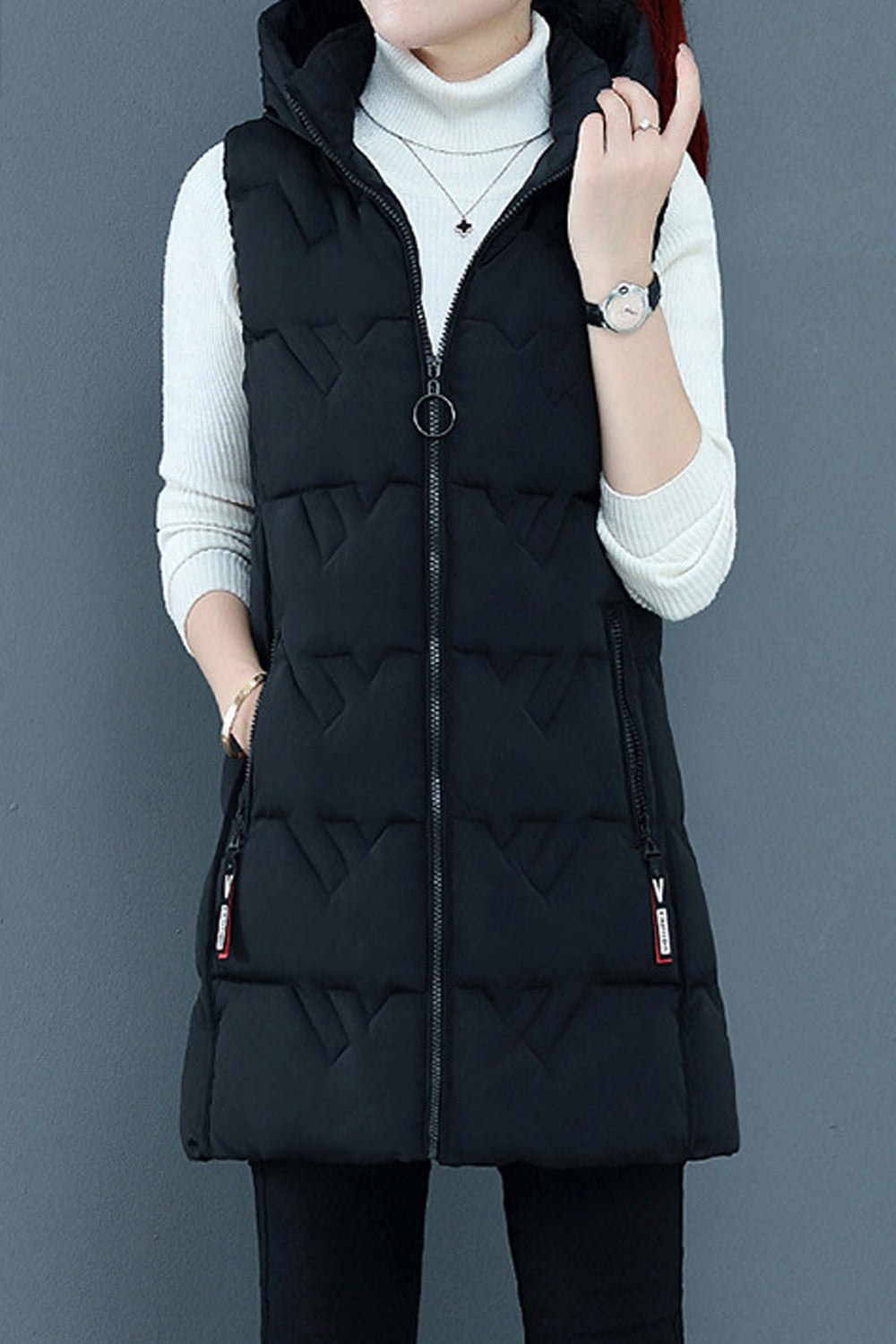 Women Mid Length Modern Style Solid Colored Hood Neck War Padded vest Jacket