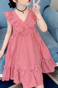 Kids Girls V-Neck Trend Lattice Pattern Loose Hem Skirt Style Comfy Dress
