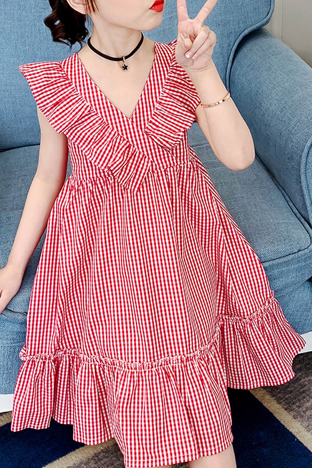 Kids Girls V-Neck Trend Lattice Pattern Loose Hem Skirt Style Comfy Dress