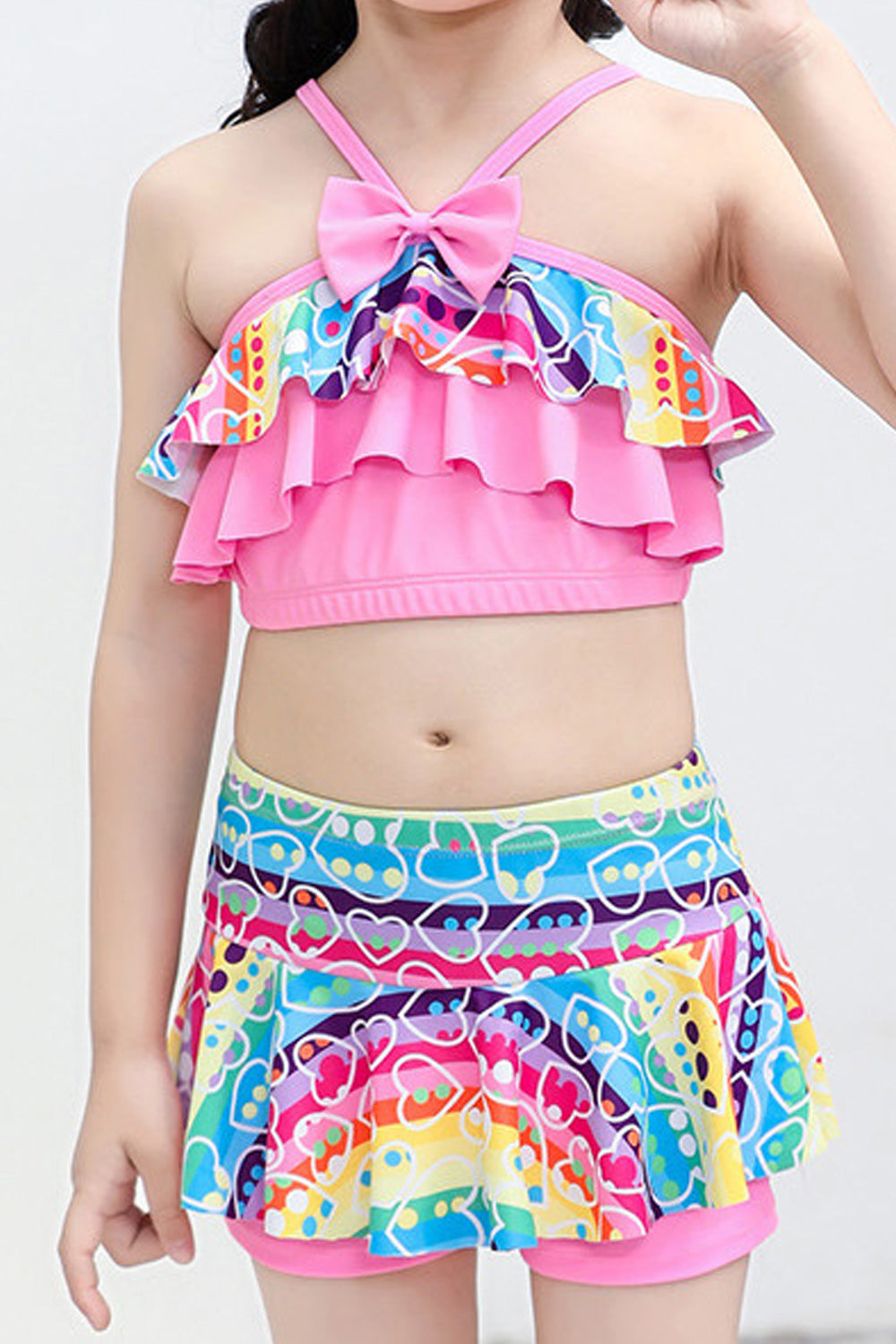 Kids Girls Beautiful Bow Decorated Printed Bathing Swimwear