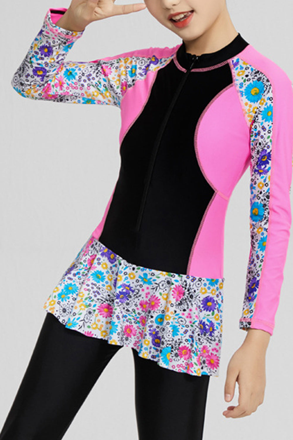 Kids Girls Floral Long Sleeve Quick Drying Bathing Swimsuit