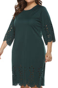 Women Plus Pretty Solid Colored Hollow Style Round Neck Half Sleeve Trendy Dress