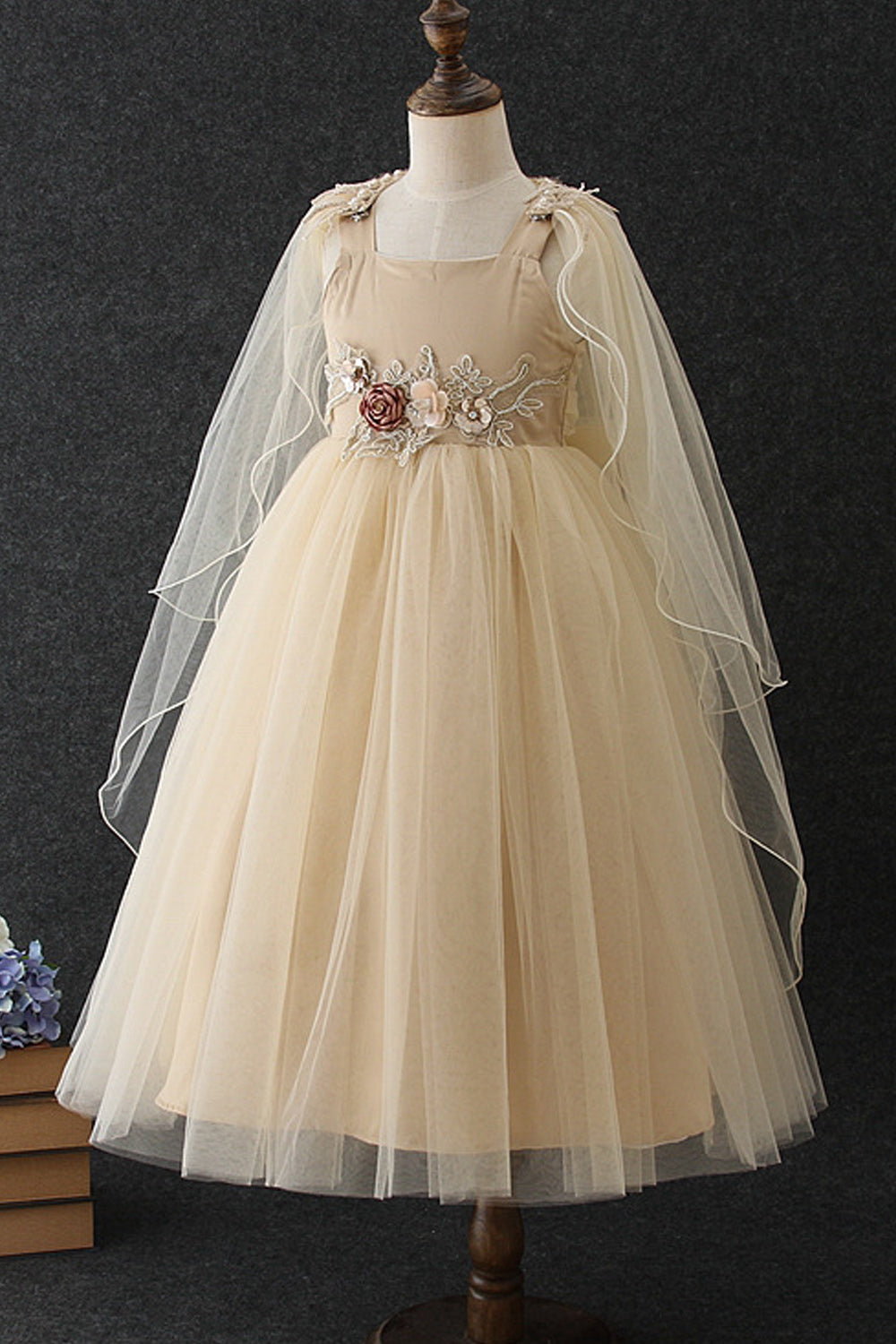 Kids Girls Thin Mesh Skirt Flower Decorated Waist Square Neck Fabulous Cute Dress
