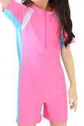 Kids Girls Short Sleeve Zipper Neck Solid Colored Cute One Piece Lightweight Swimwear
