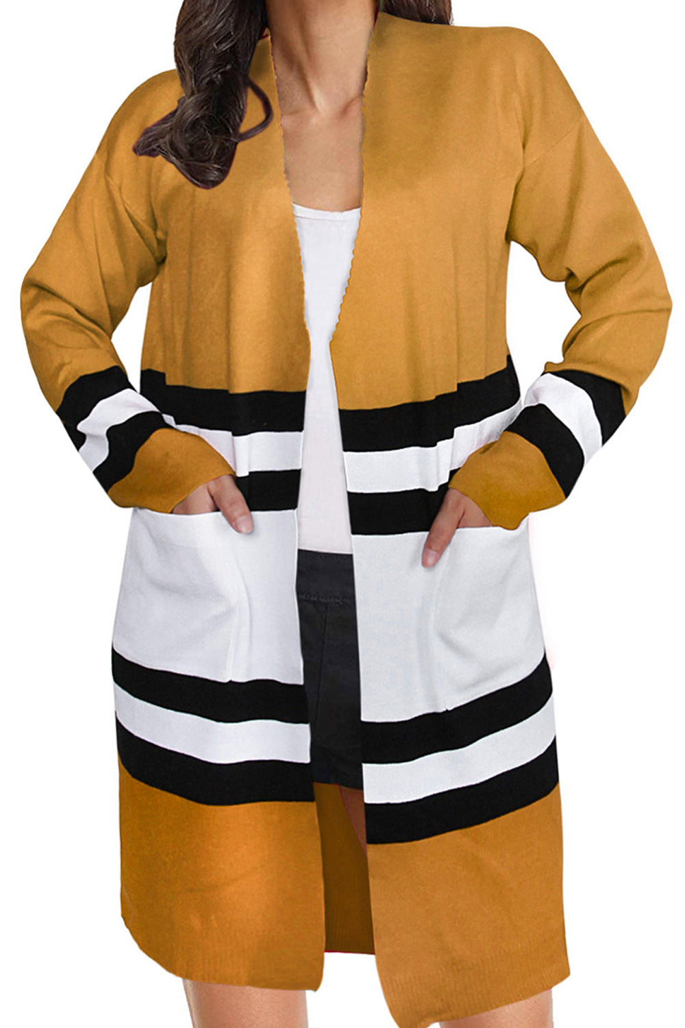 Women Long Sleeve Mid Length Pocket Styling Thick Stripe Pattern Cardigan