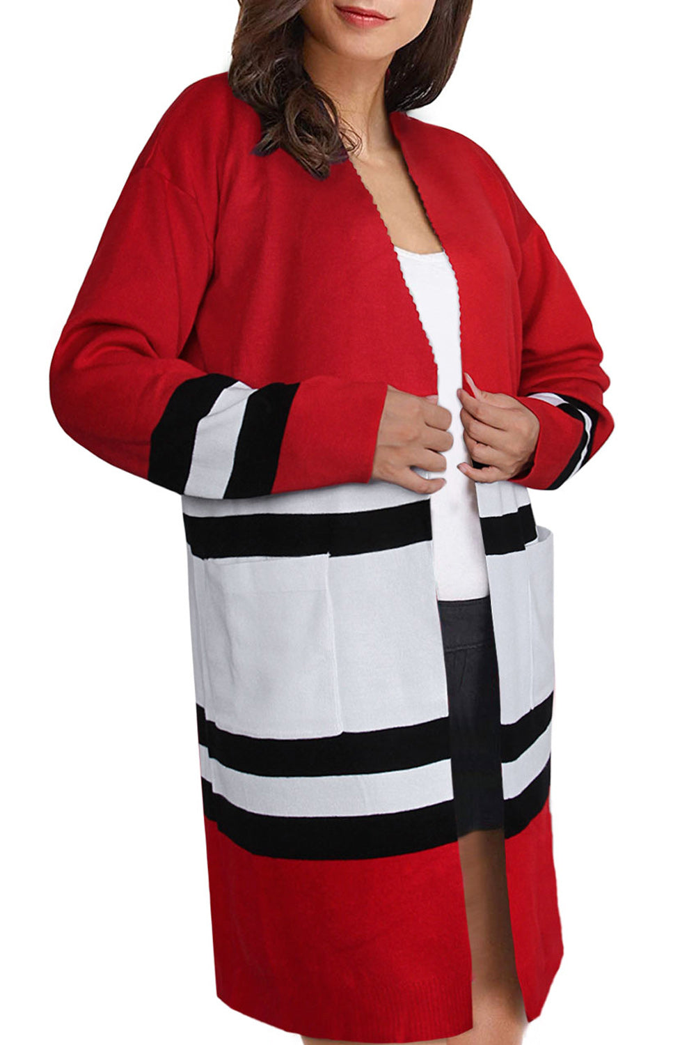 Women Long Sleeve Mid Length Pocket Styling Thick Stripe Pattern Cardigan