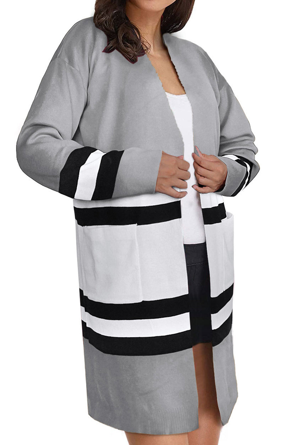 Women Long Sleeve Mid Length Pocket Styling Thick Stripe Pattern Cardigan