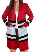 Women Long Sleeve Mid Length Pocket Styling Thick Stripe Pattern Cardigan