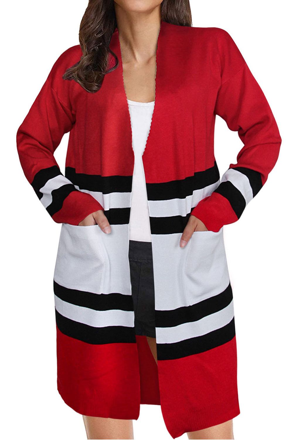 Women Long Sleeve Mid Length Pocket Styling Thick Stripe Pattern Cardigan