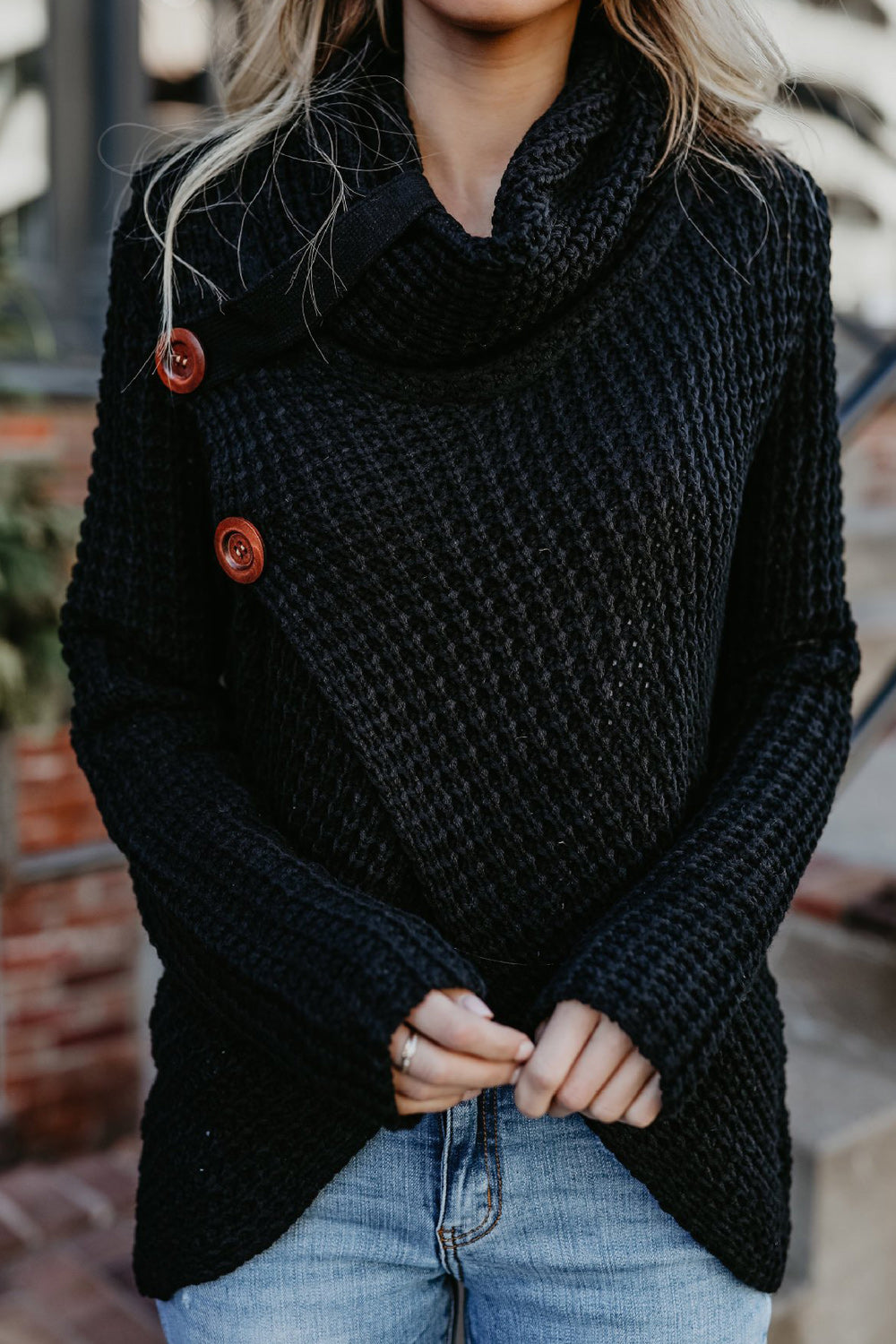 Women Knitted Long Sleeve Warm Oblique Button Solid Pattern Cardigan