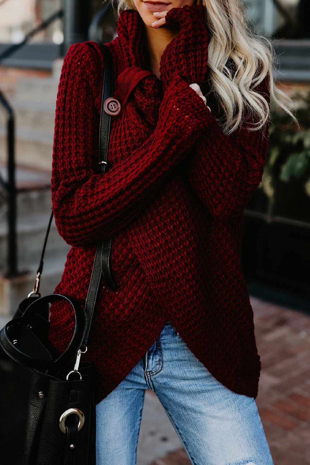 Women Knitted Long Sleeve Warm Oblique Button Solid Pattern Cardigan
