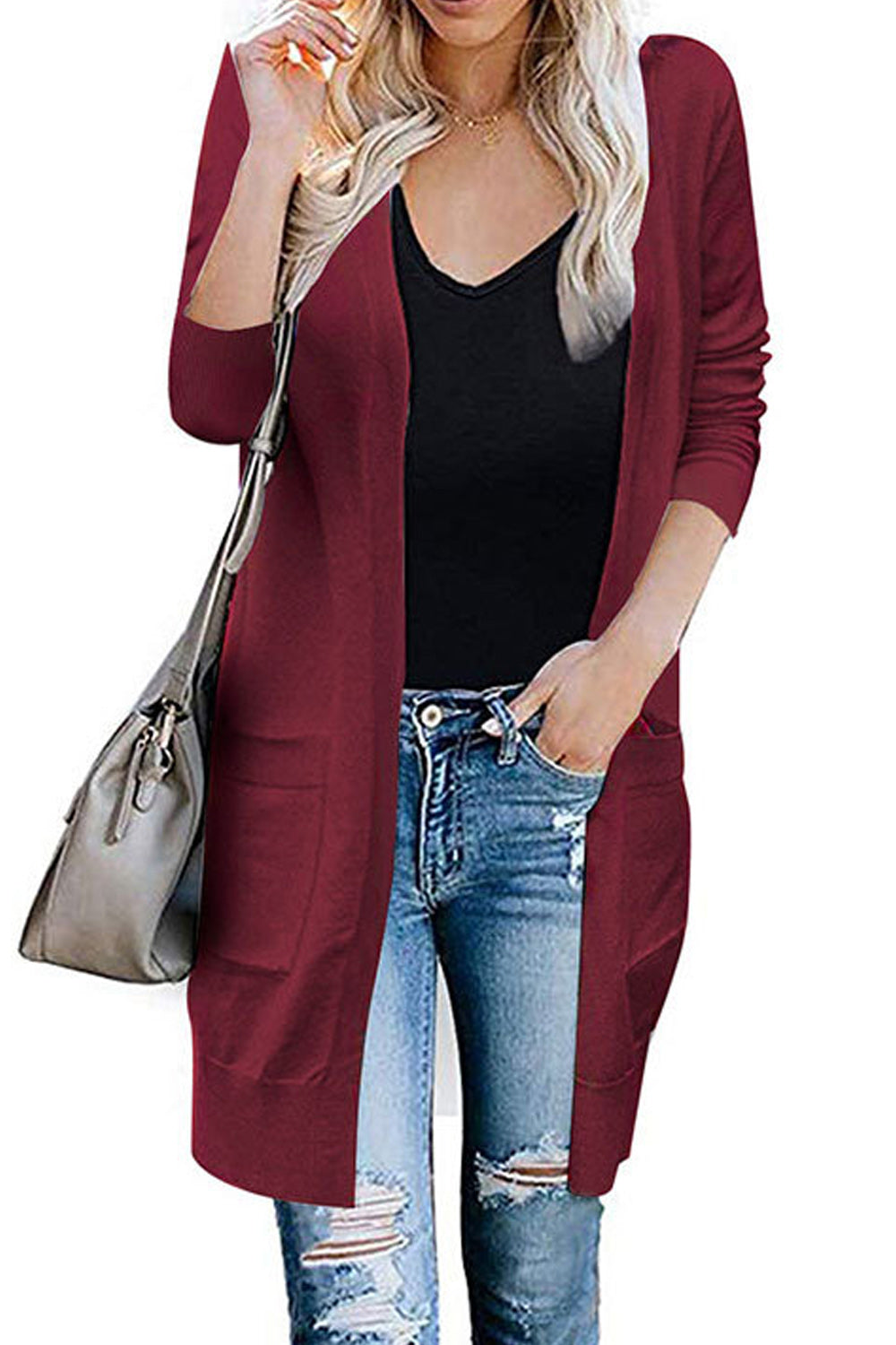Women Mid Length Amazing Solid Pattern Long Sleeve Comfy Cardigan