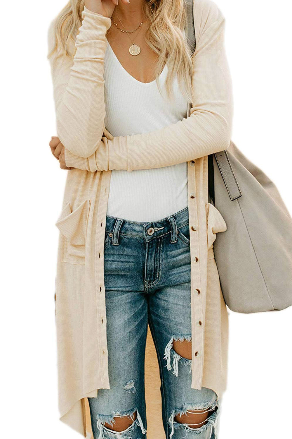 Women Side Pocket Mid Length Long Sleeve Solid Colored Warm Cardigan