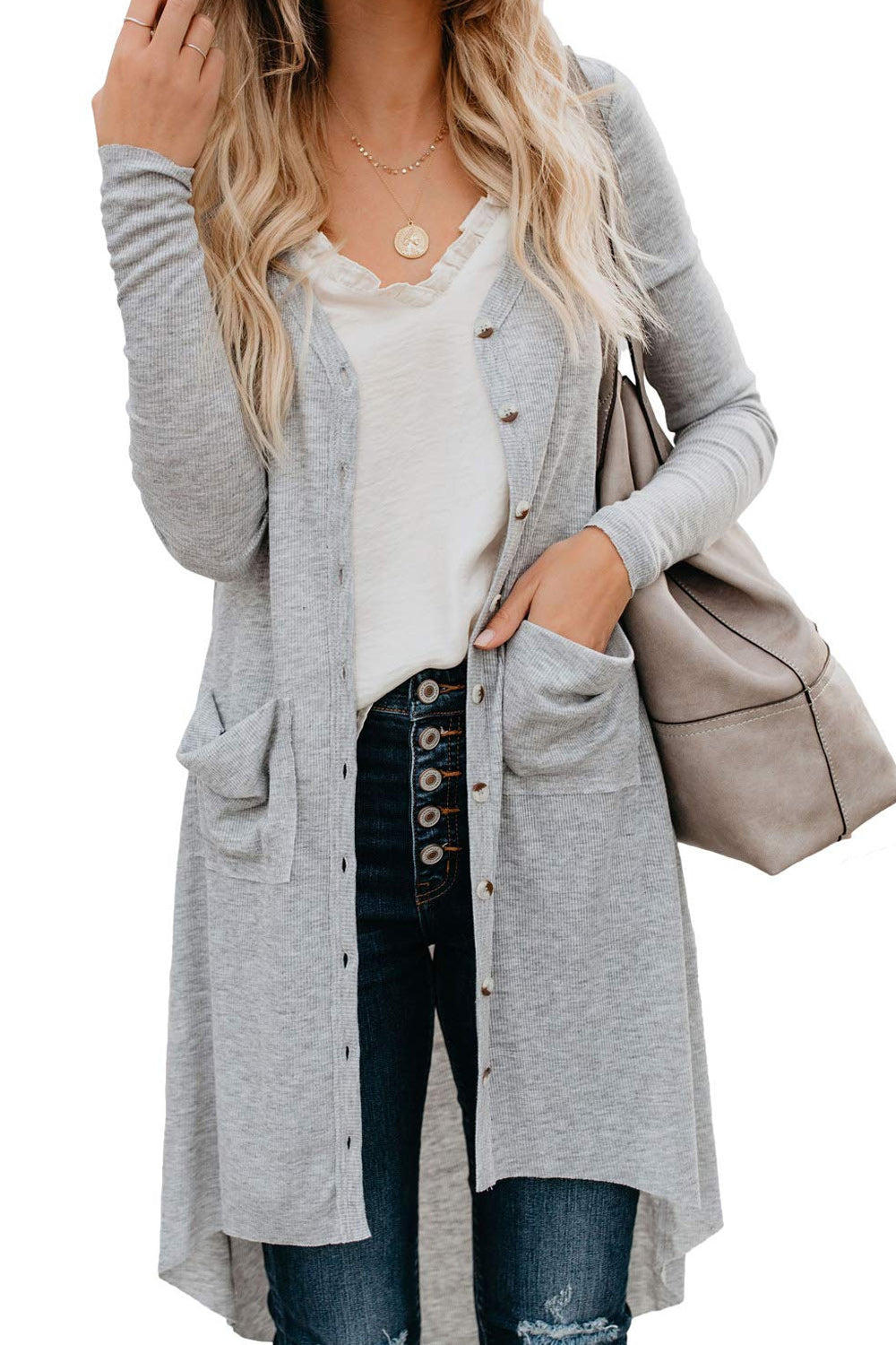 Women Side Pocket Mid Length Long Sleeve Solid Colored Warm Cardigan